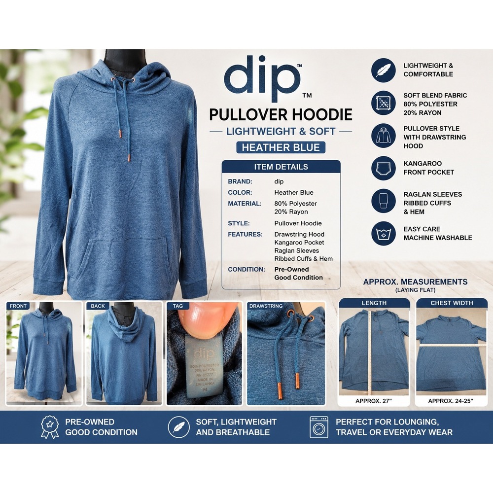 Dip Pullover Hoodie Heather Blue Lightweight Soft Raglan Sleeve Kangaroo Pocket